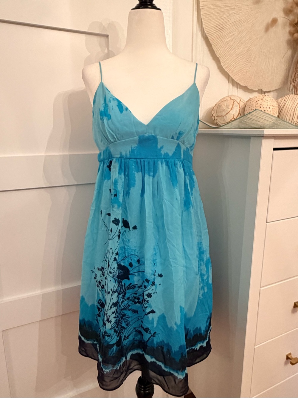BCBGMaxAzria Turquoise Blue Floral Spaghetti-Strap Dress